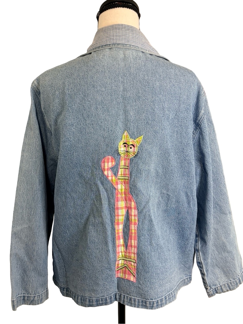 Vintage Tantrums Cat Appliqué Denim Jacket Large Artsy Quilted Patchwork - Picture 4 of 12